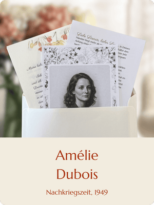 Porträtfoto von Amélie Dubois mit handgeschriebenen Briefen in einem Umschlag, Nachkriegszeit 1949