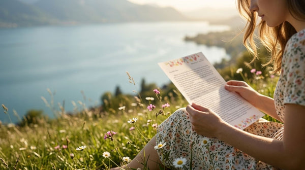 Frau sitzt in einer Blumenwiese am See und liest einen handgeschriebenen Brief im Sonnenlicht